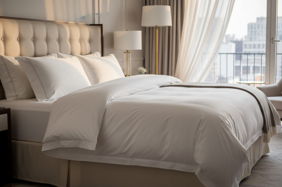 Generate image of a puffy duvet in a hotel room very luxurious realistic ultra hd picutre